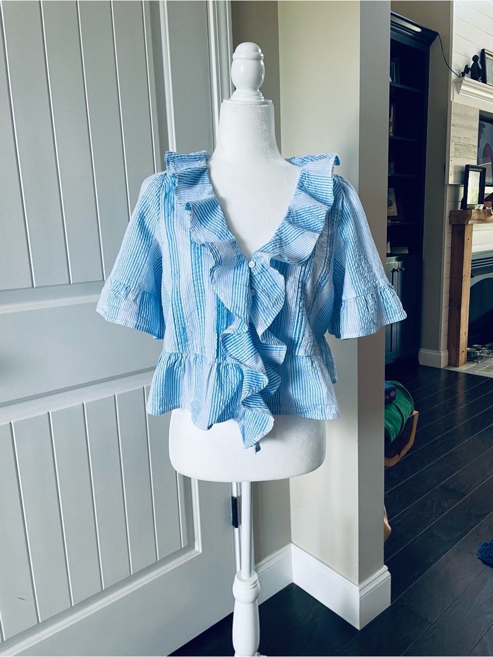 Ruffled V-Neck Striped Blouse in Light Blue